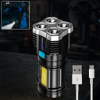 Close-up of the 4-LED Rechargeable Torch Light showing its convenient USB charging port.