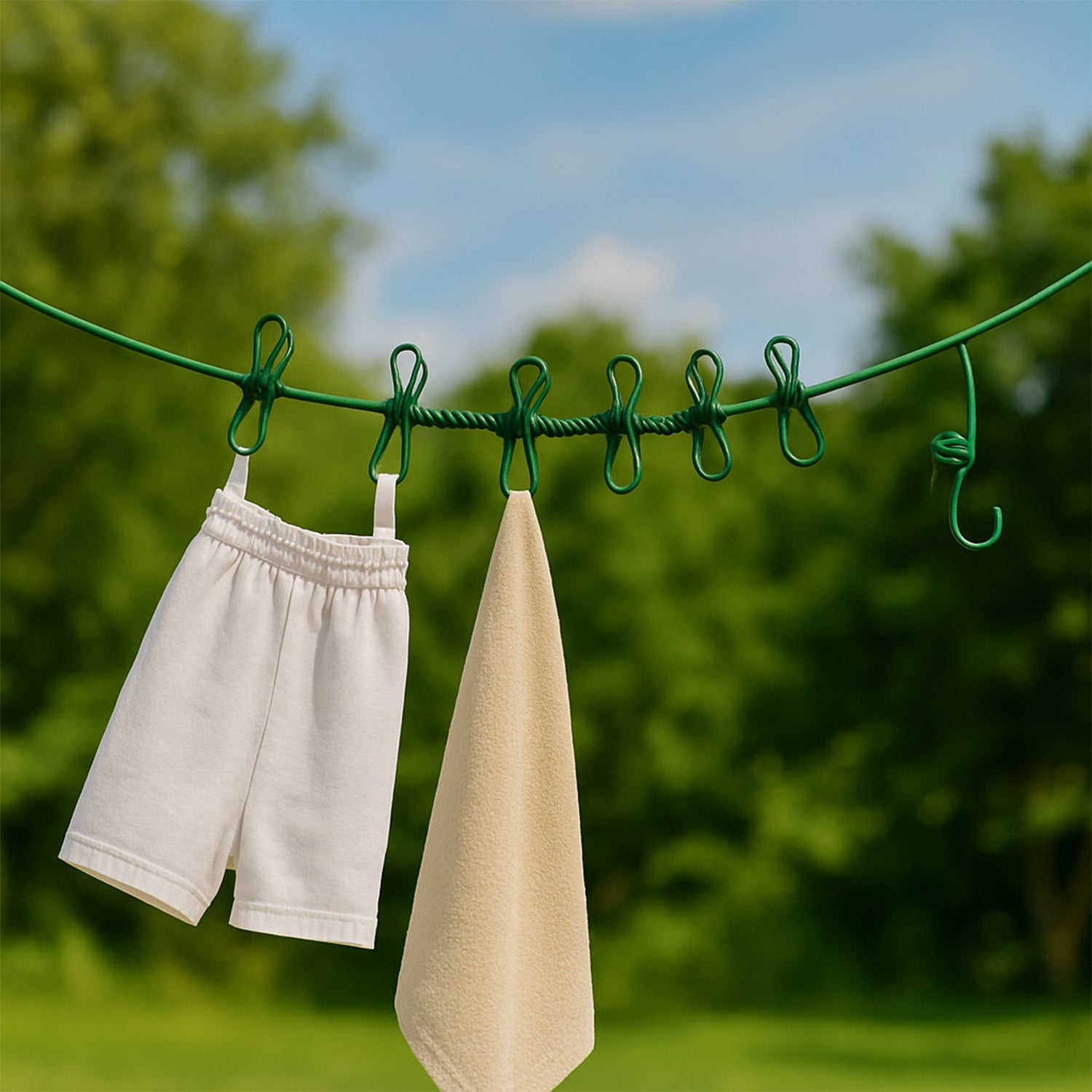 Compactly coiled portable clothes drying rope with metal clips for travel.