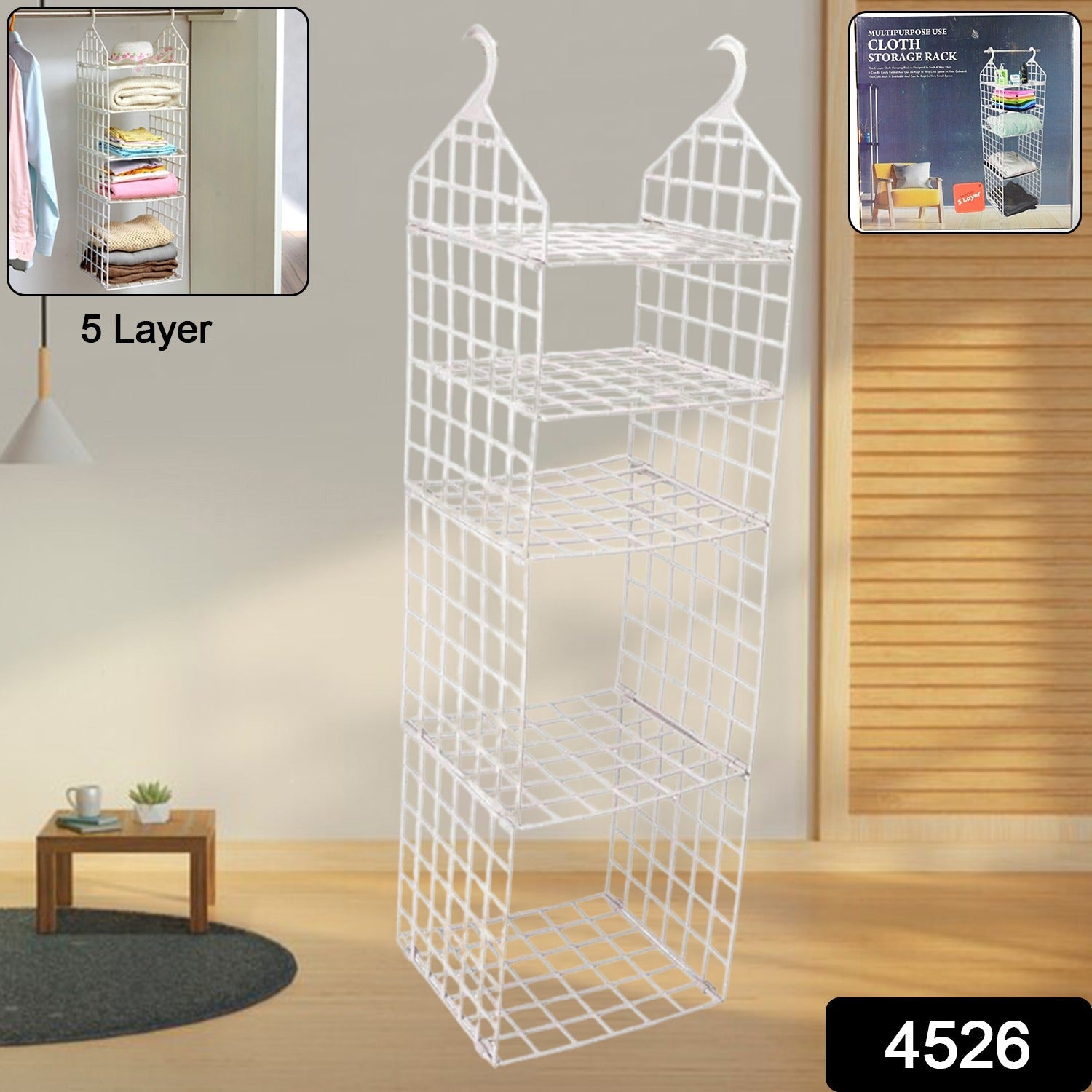 Side view showcasing the five distinct layers of this space-saving clothes storage rack.