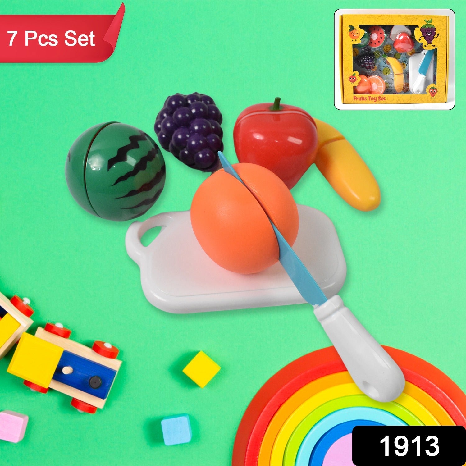 Complete 7-piece fruit cutting toy set including a safe play knife and chopping board.