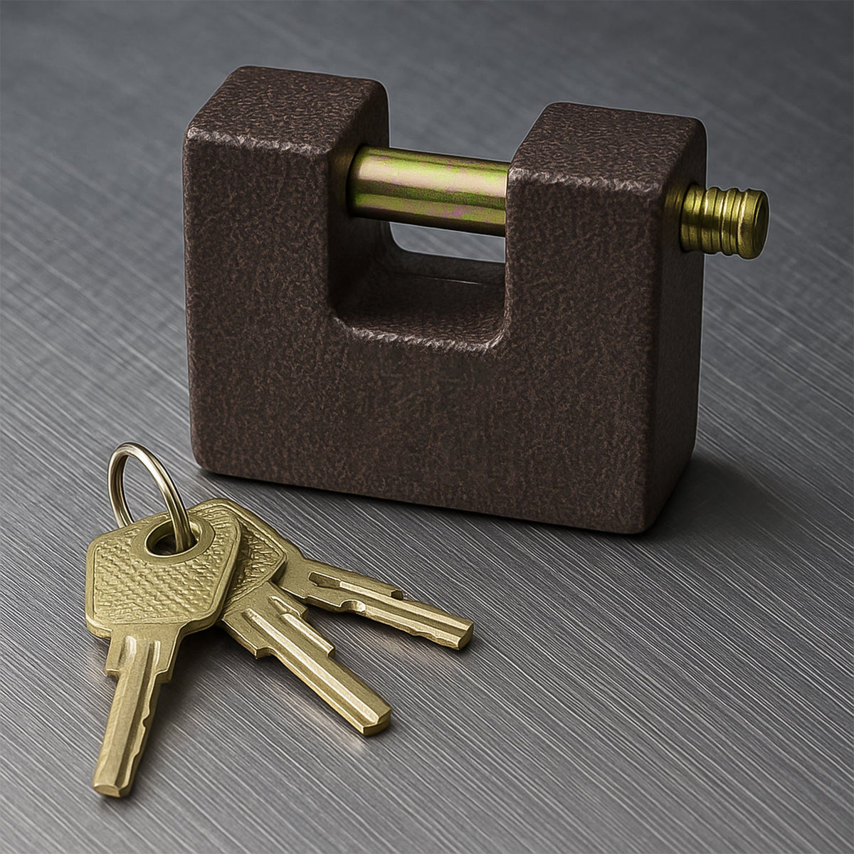 Front view of the heavy-duty black iron door lock with a brass core and five keys.