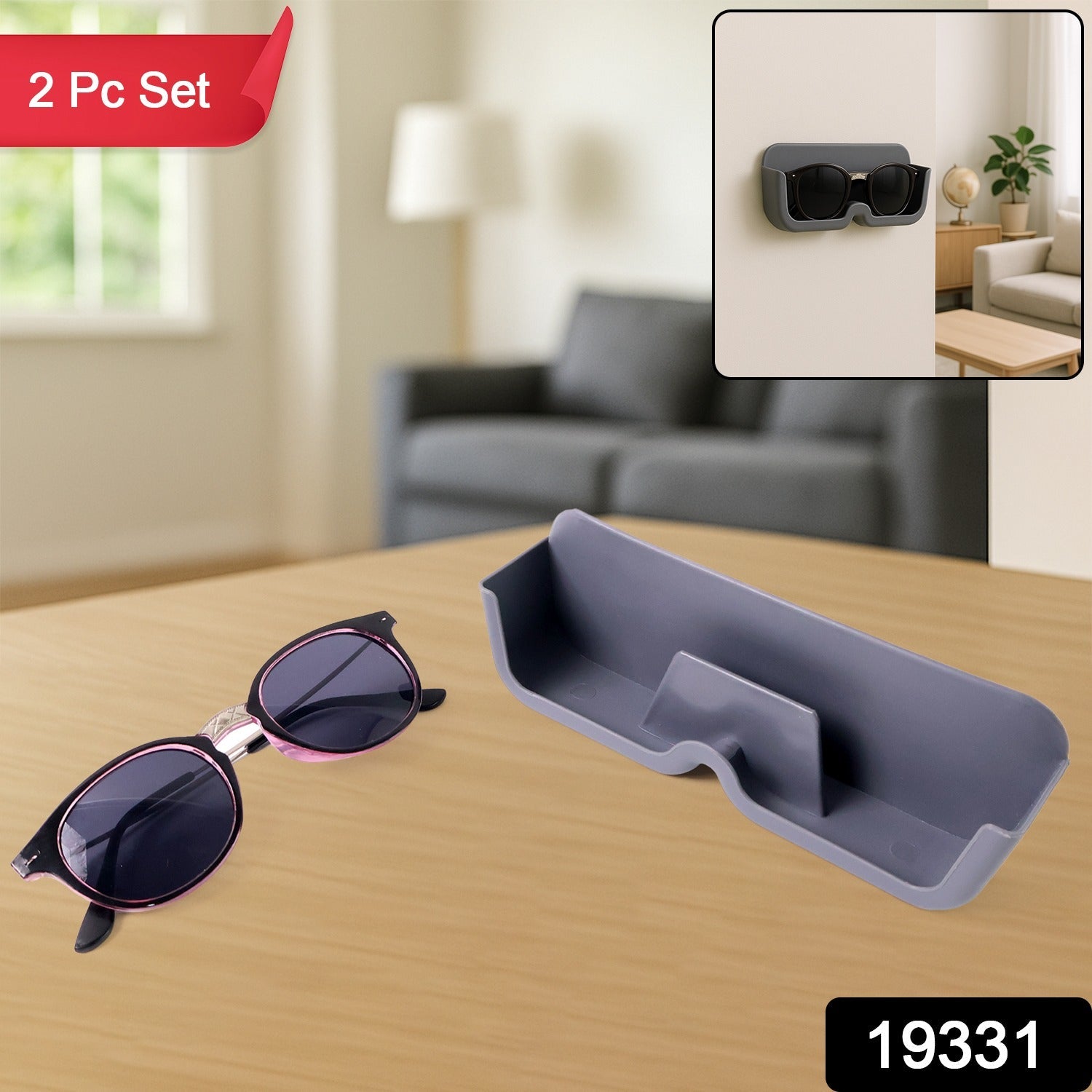 Premium sunglasses with UV protection paired with wall-mounted holder