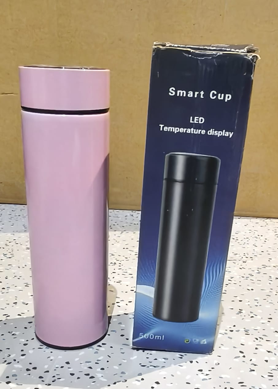 Modern pink thermal flask water bottle with digital temperature feature