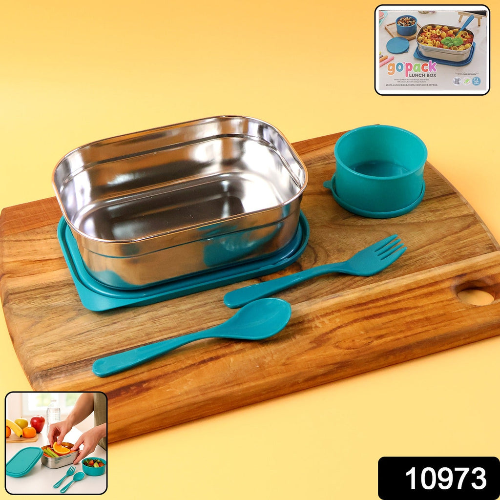 Stainless steel lunch box set with separate snack container and included fork and spoon