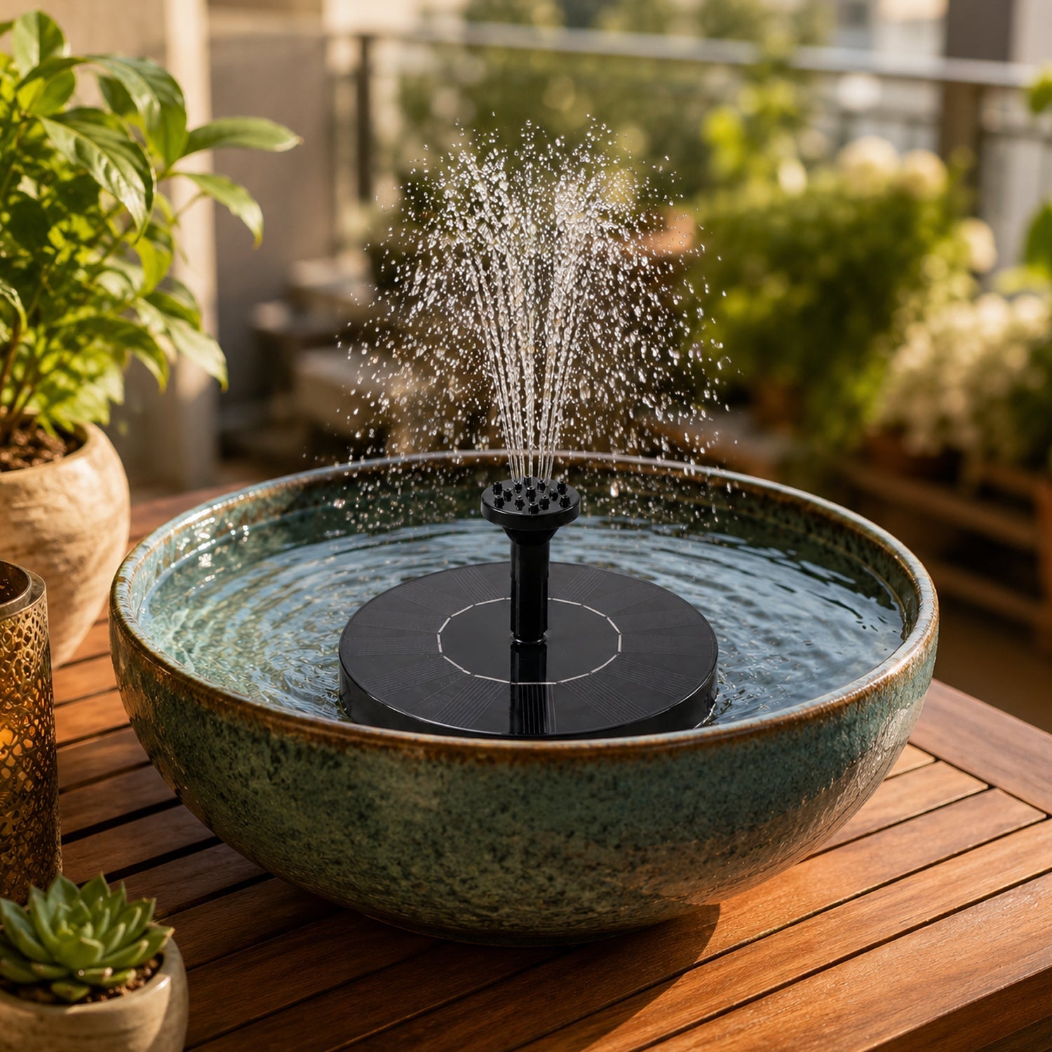 Solar water fountain on balcony garden for outdoor decoration
