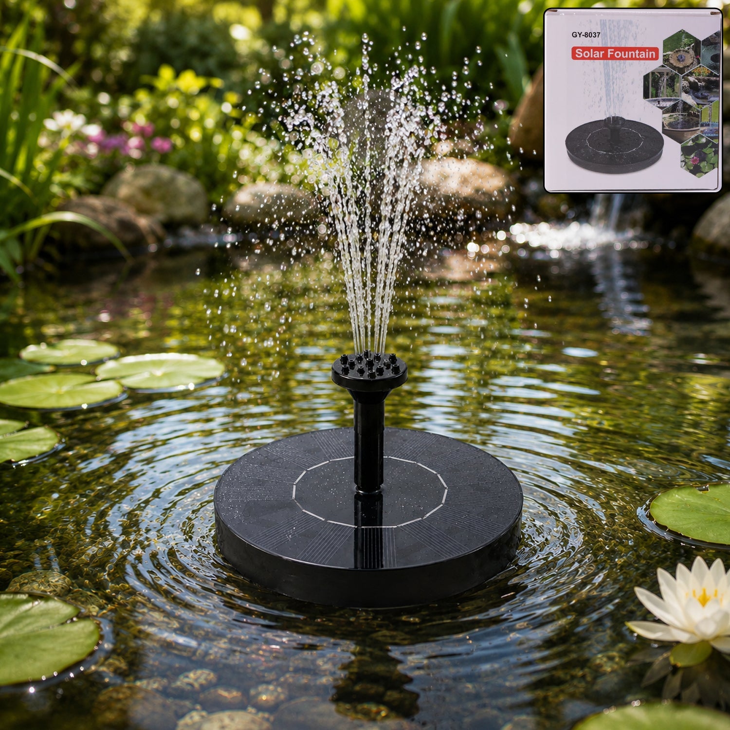 Main solar water fountain pump with nozzles for garden pond decoration