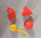 Packaging of the 4-piece red plastic dough press set for kitchen use.