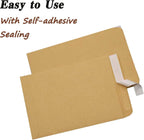 Close-up of a self-seal kraft envelope being opened, showing the adhesive strip.