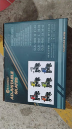 Close-up image of components on adjustable quad roller skates, including wheels and straps