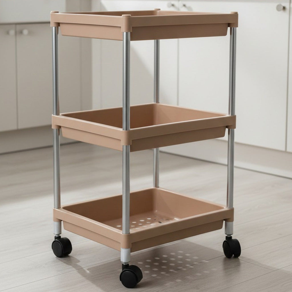 Multipurpose storage trolley arranged in a neat living space