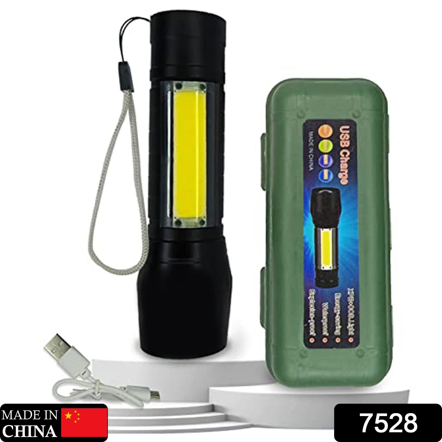 Infographic detailing features of the Indo Glow long range flashlight.