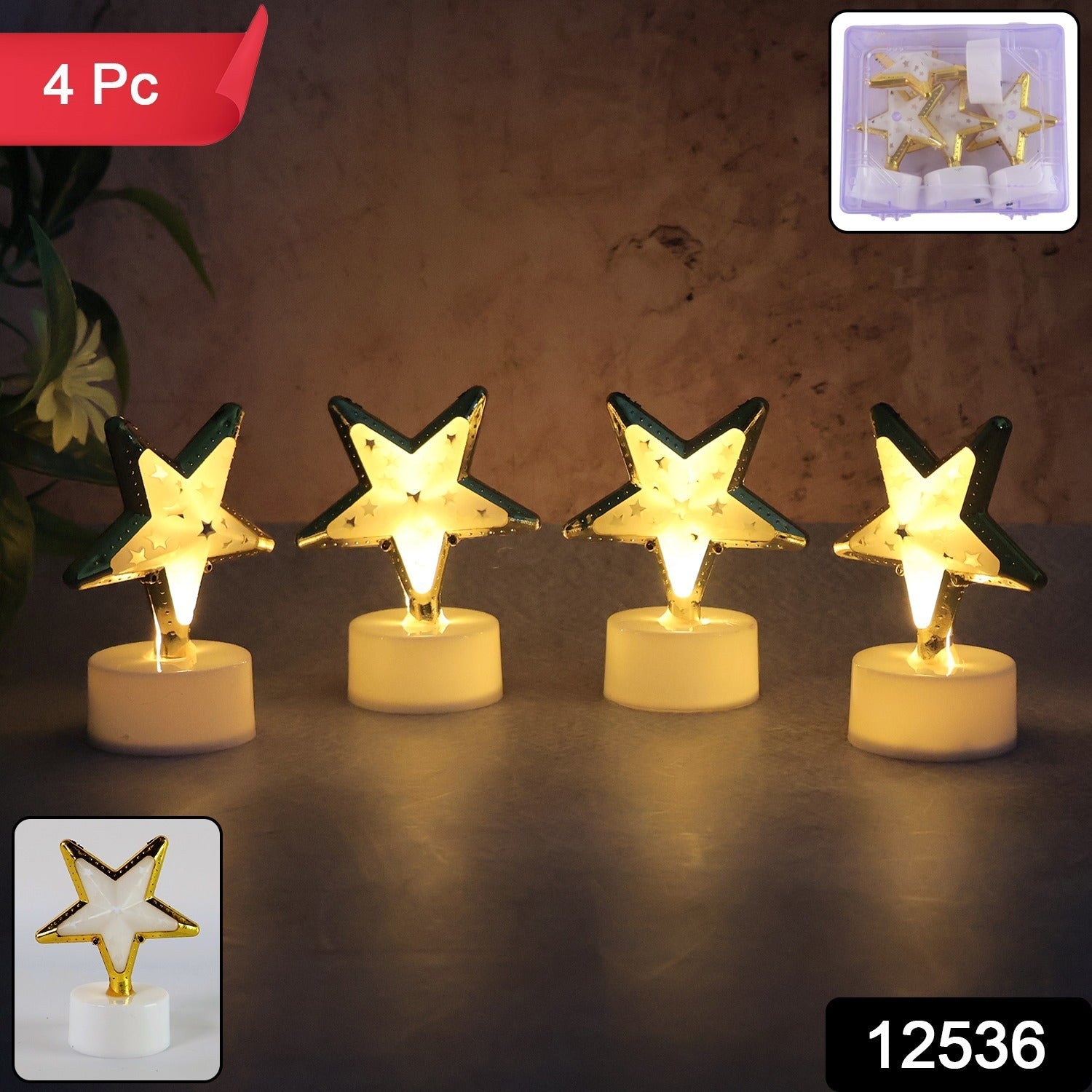 Close-up of a single Star Shaped Flameless LED Candle with a golden outline.