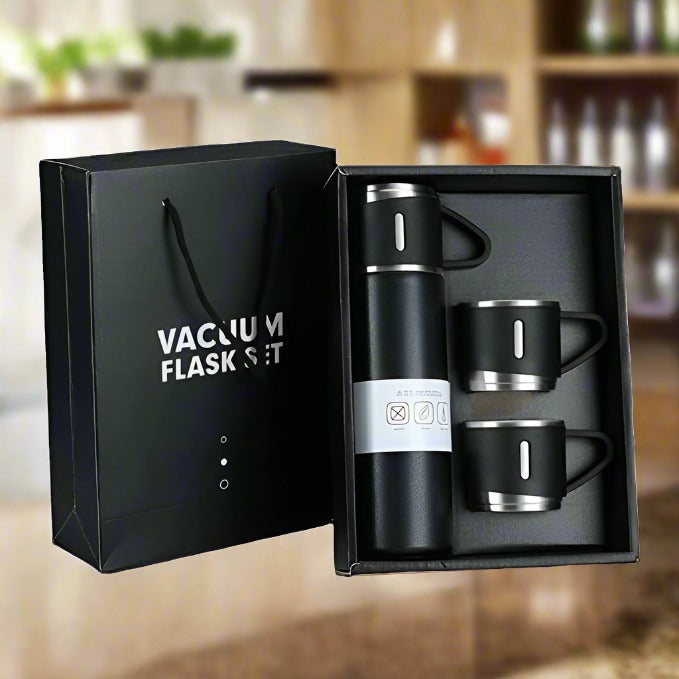 A 500ml insulated flask with a steaming cup of coffee, showcasing its hot beverage capability.