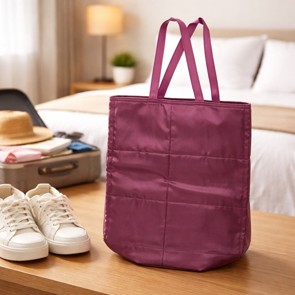 Closed view of travel shoe storage bag illustrating premium fabric and design