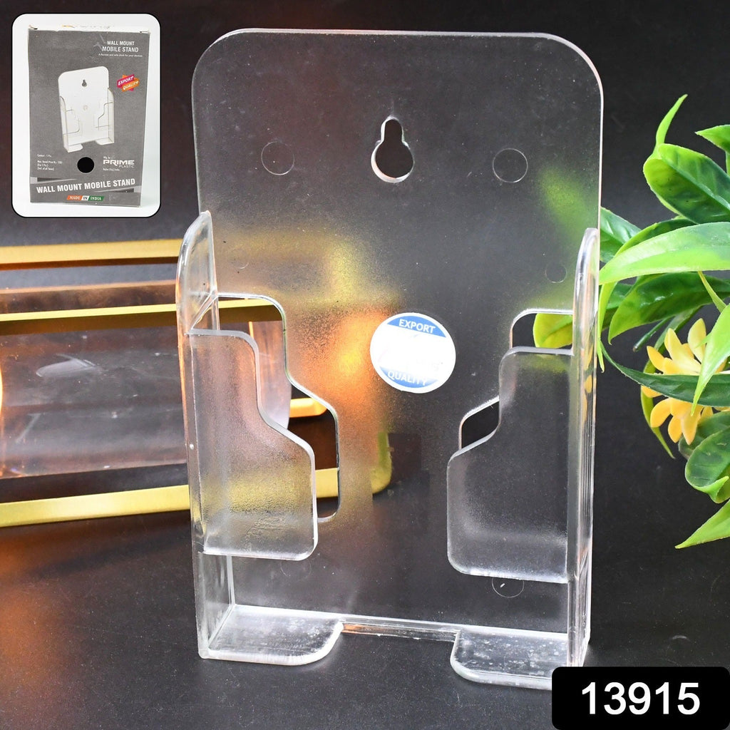 Mobile phone stand mounted on a wall in a modern living space, holding a smartphone.