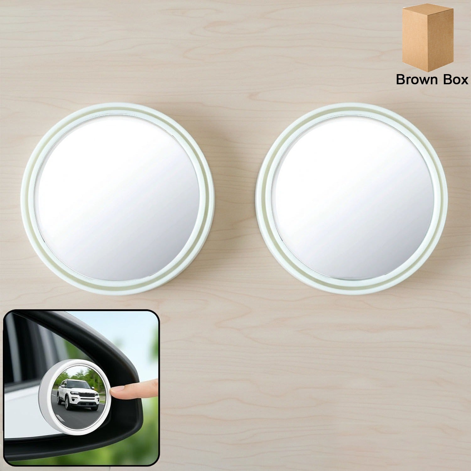 White round car blind spot mirror attached to side mirror enhancing rear view