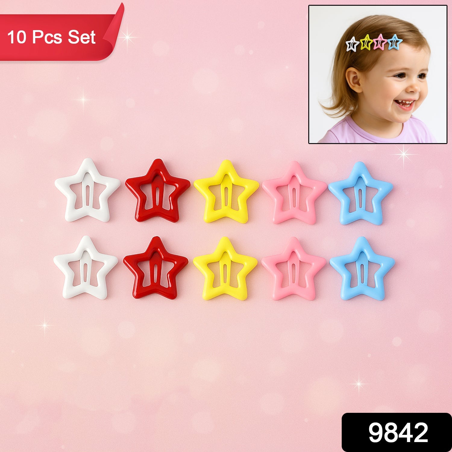 Full set of 10 vibrant metal star hair clips in multiple colors