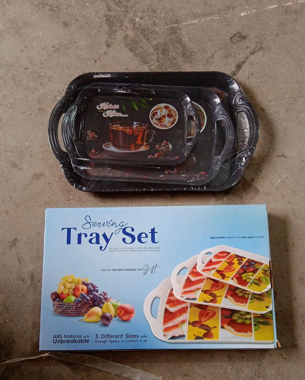 Elegant multicolor serving tray set with small, medium, and large tray sizes.