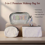 Front view of 3-in-1 premium makeup bag set with transparent and soft pouches