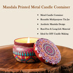 Top view showing mandala printed metal candle container set of 4 with lids