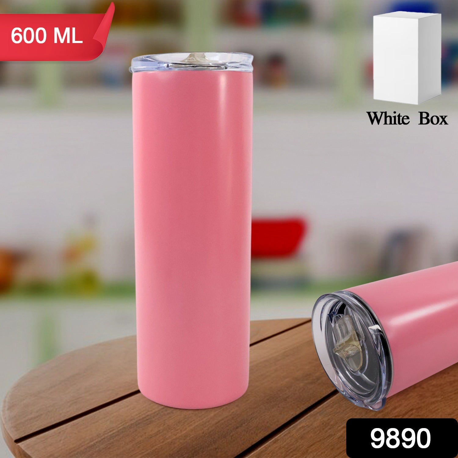 Slim stainless steel travel mug showing brushed texture
