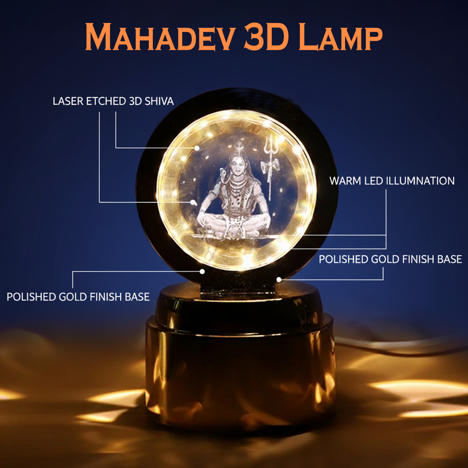 Front view of Mahadev 3D crystal ball night light with base