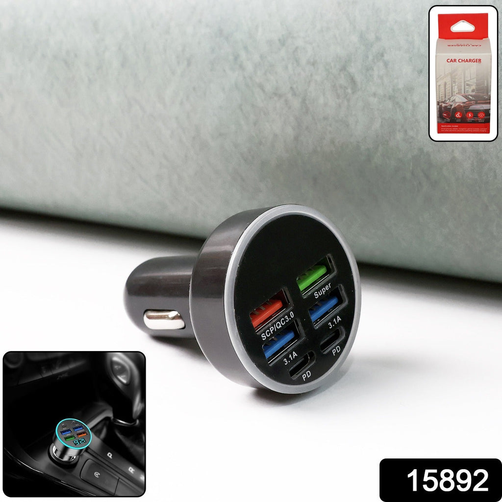 Close-up of multi-port fast car charger showing USB ports and smart charging features