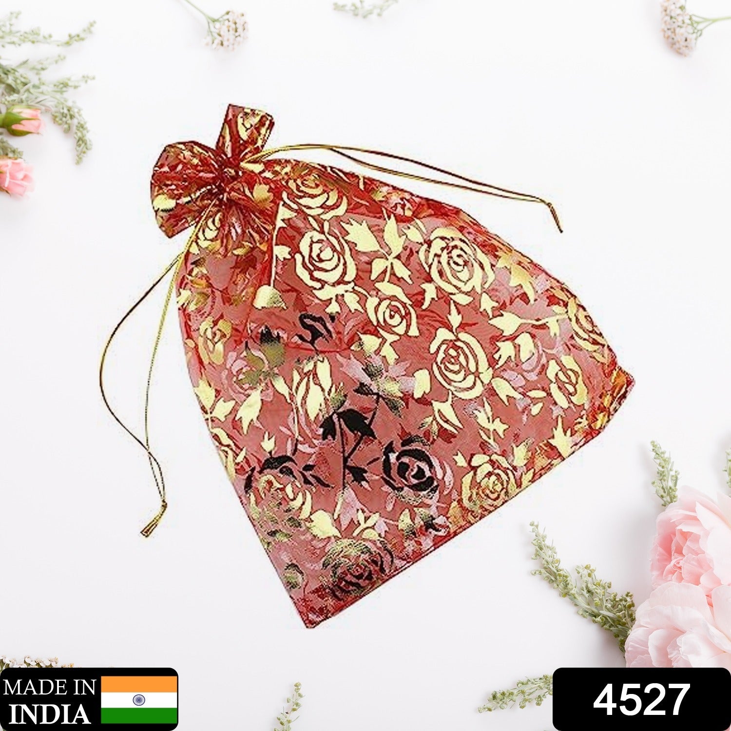 Elegant Organza Potli bags in various designs, perfect for wedding party favors.