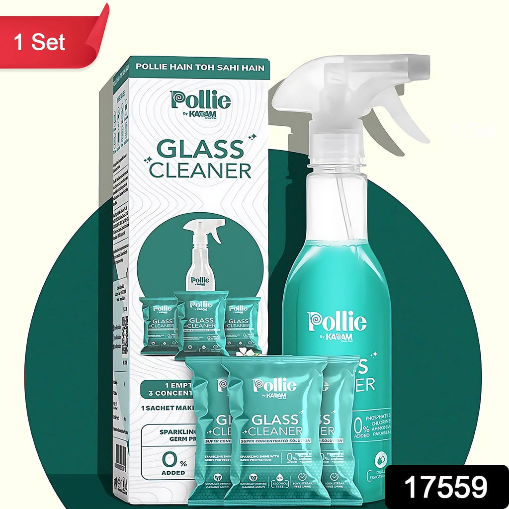 Pollic Kadam concentrated glass cleaner refill kit packaging with spray bottle and sachets.