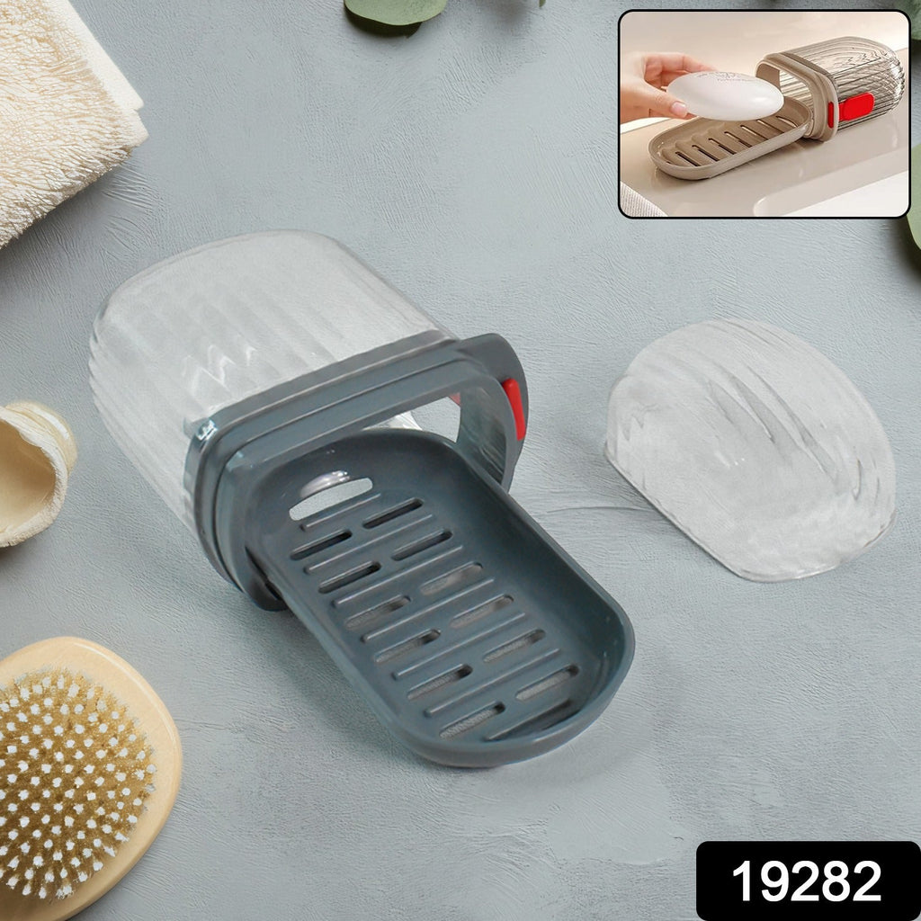 Soap holder showing detachable drain tray and clear transparent lid