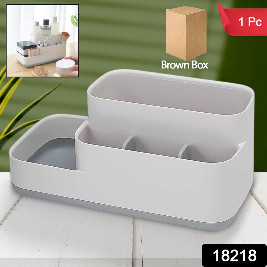 Multipurpose plastic organizer holder on a desk with office supplies.