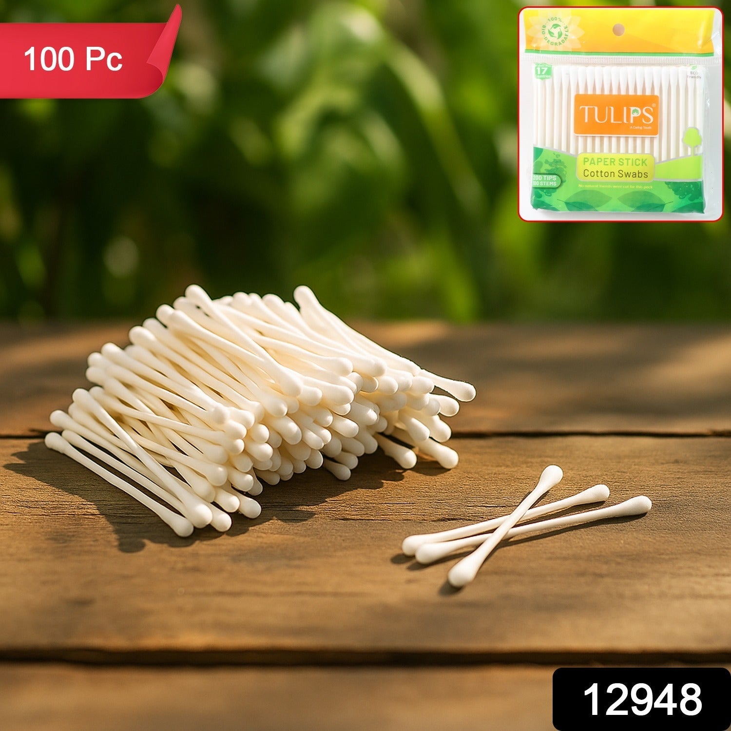 Close-up image showing soft cotton tips on paper sticks cotton swabs