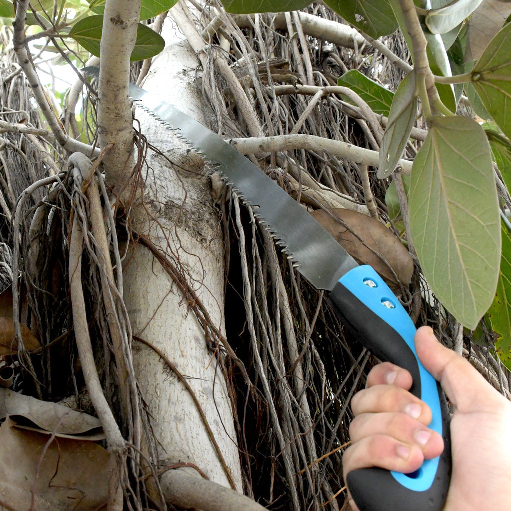 Durable 20-inch high carbon steel pruning saw ready for heavy-duty gardening tasks.