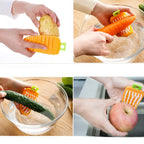 Carrot-shaped scrubbing brush hanging by its loop on a kitchen hook.