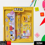 Full kids stationery set featuring a cartoon-themed metal pencil box and school supplies.
