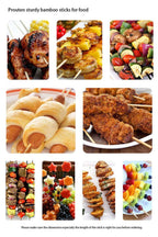 Assortment of grilled foods including meat & vegetables on natural bamboo skewers.