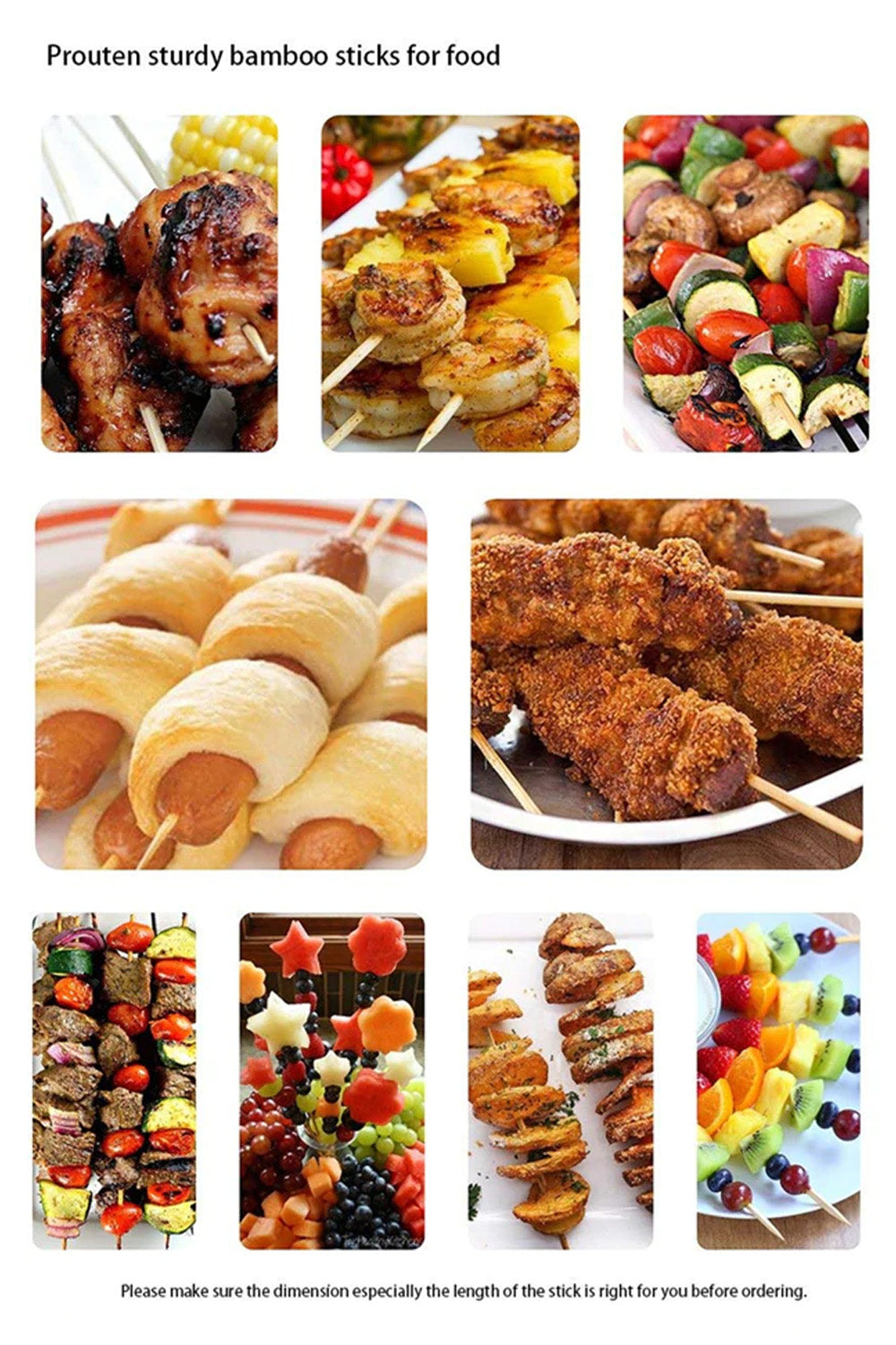 Assortment of grilled foods including meat & vegetables on natural bamboo skewers.