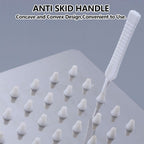 The shower nozzle cleaning brush set ready for use in a bathroom setting.