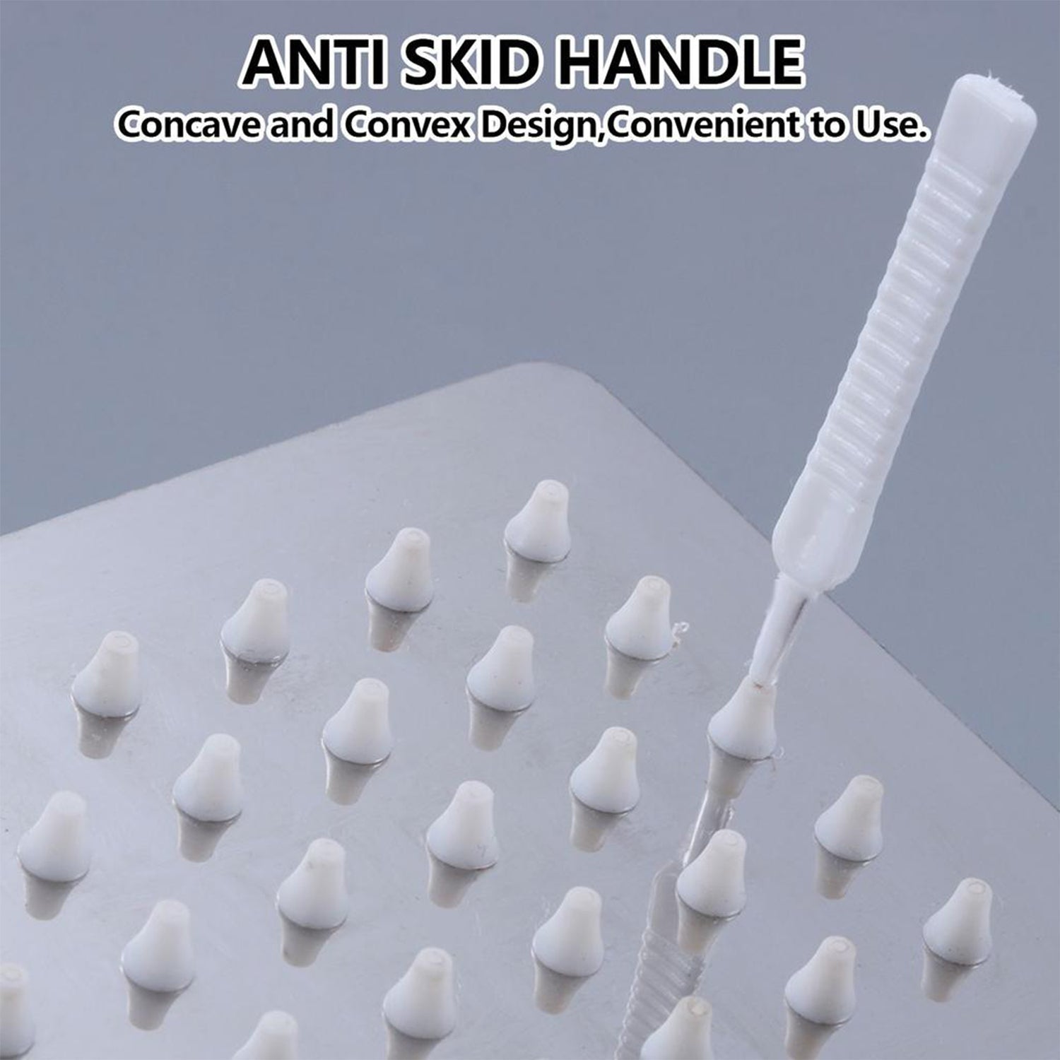 The shower nozzle cleaning brush set ready for use in a bathroom setting.