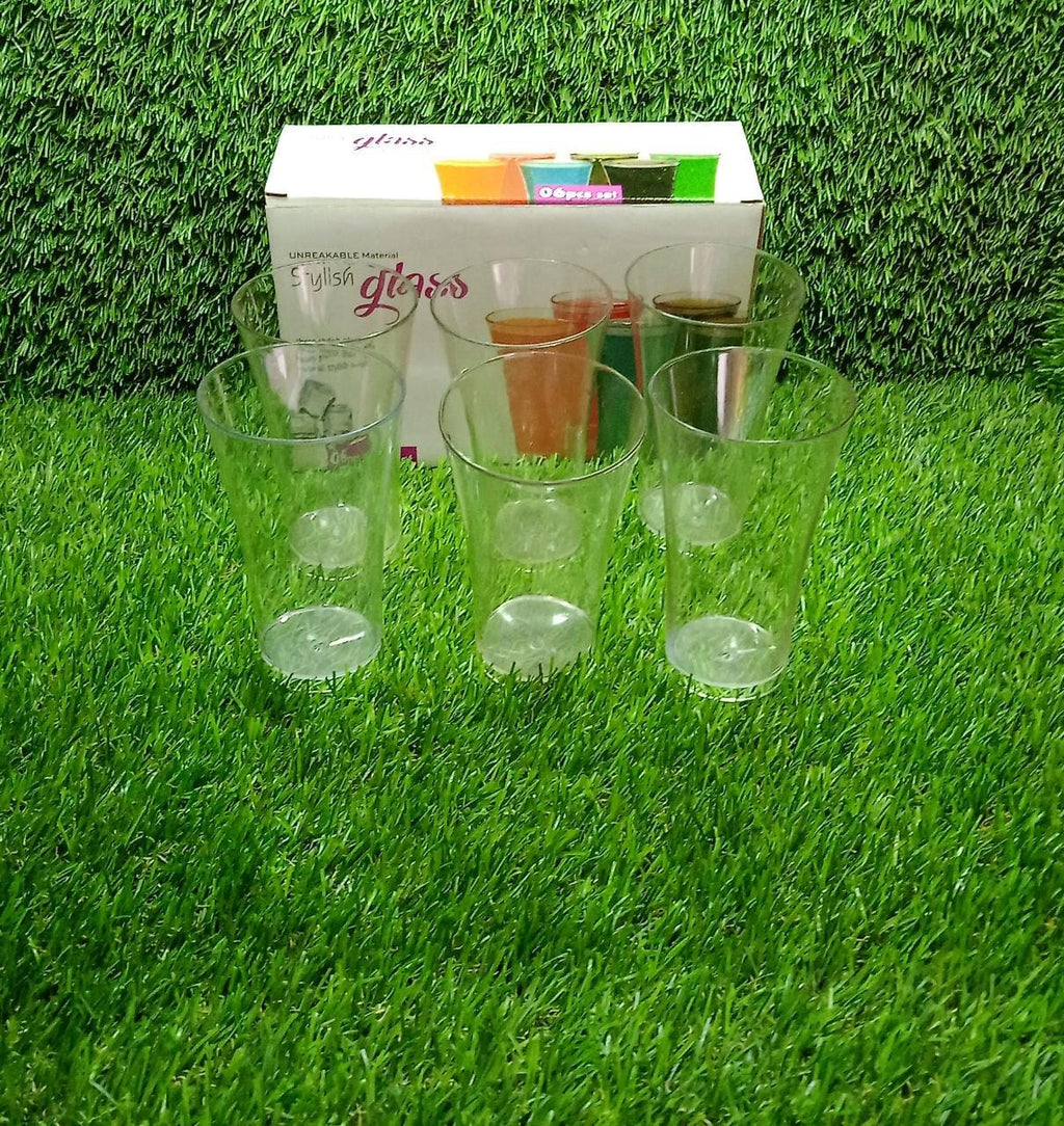 Serve Stellar's set of six transparent plastic glasses for daily use.