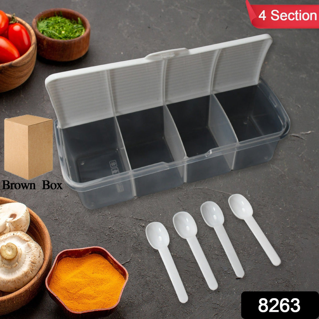 Transparent 4-section spice storage container filled with colorful Indian spices.