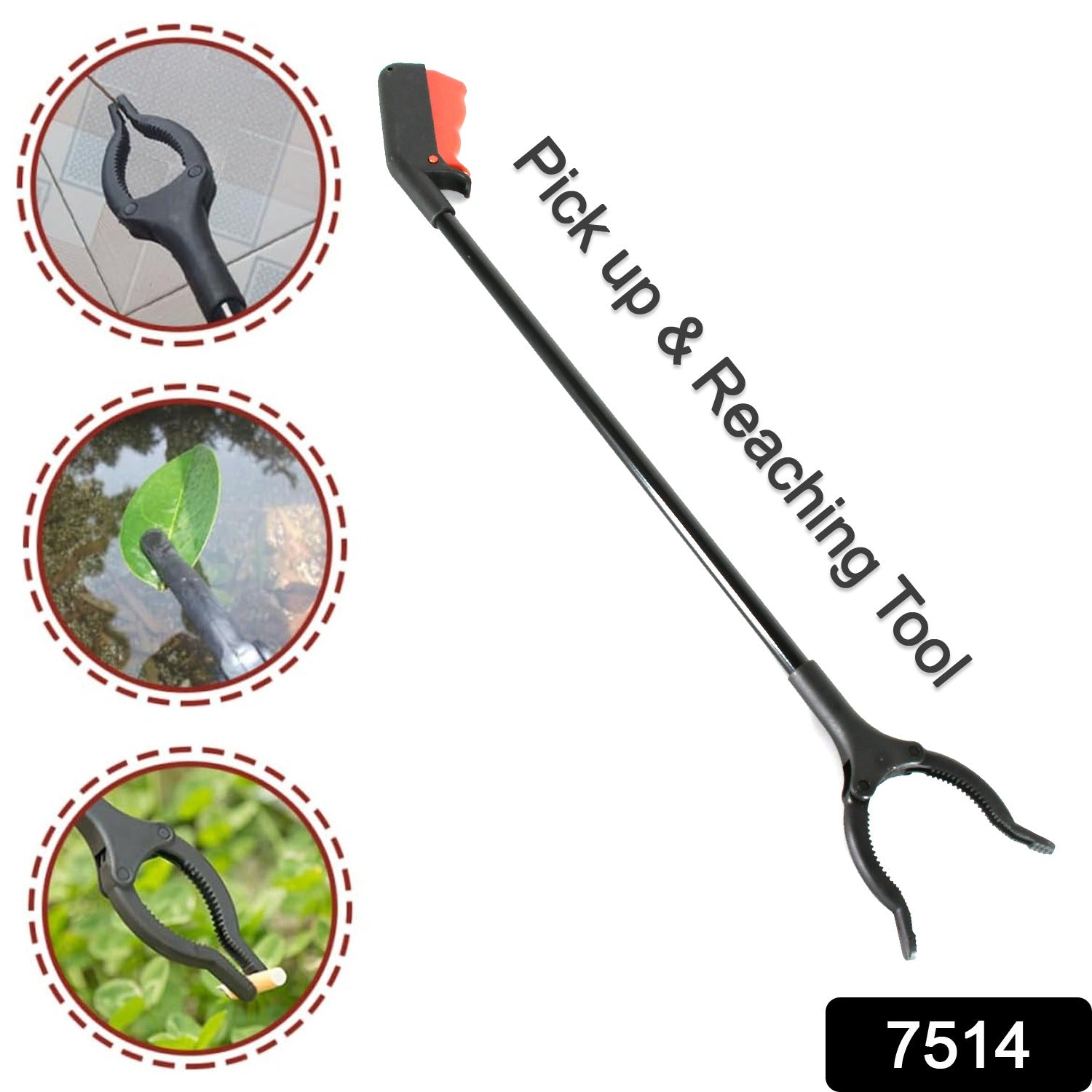 Person using a trash picker tool to collect litter outdoors.
