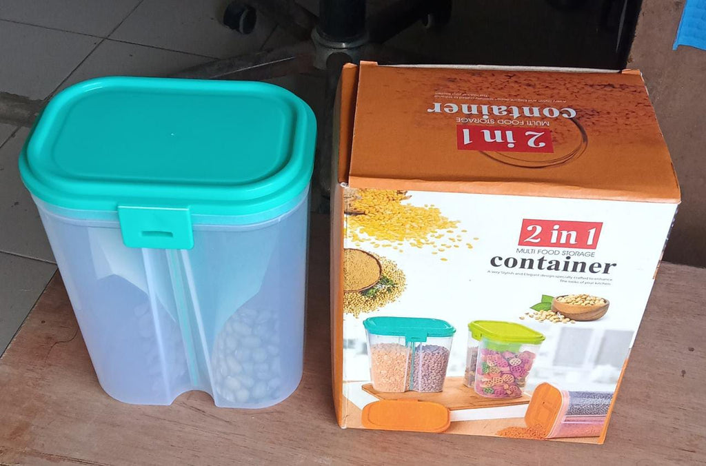 Boxed food grain container with two clear storage sections.