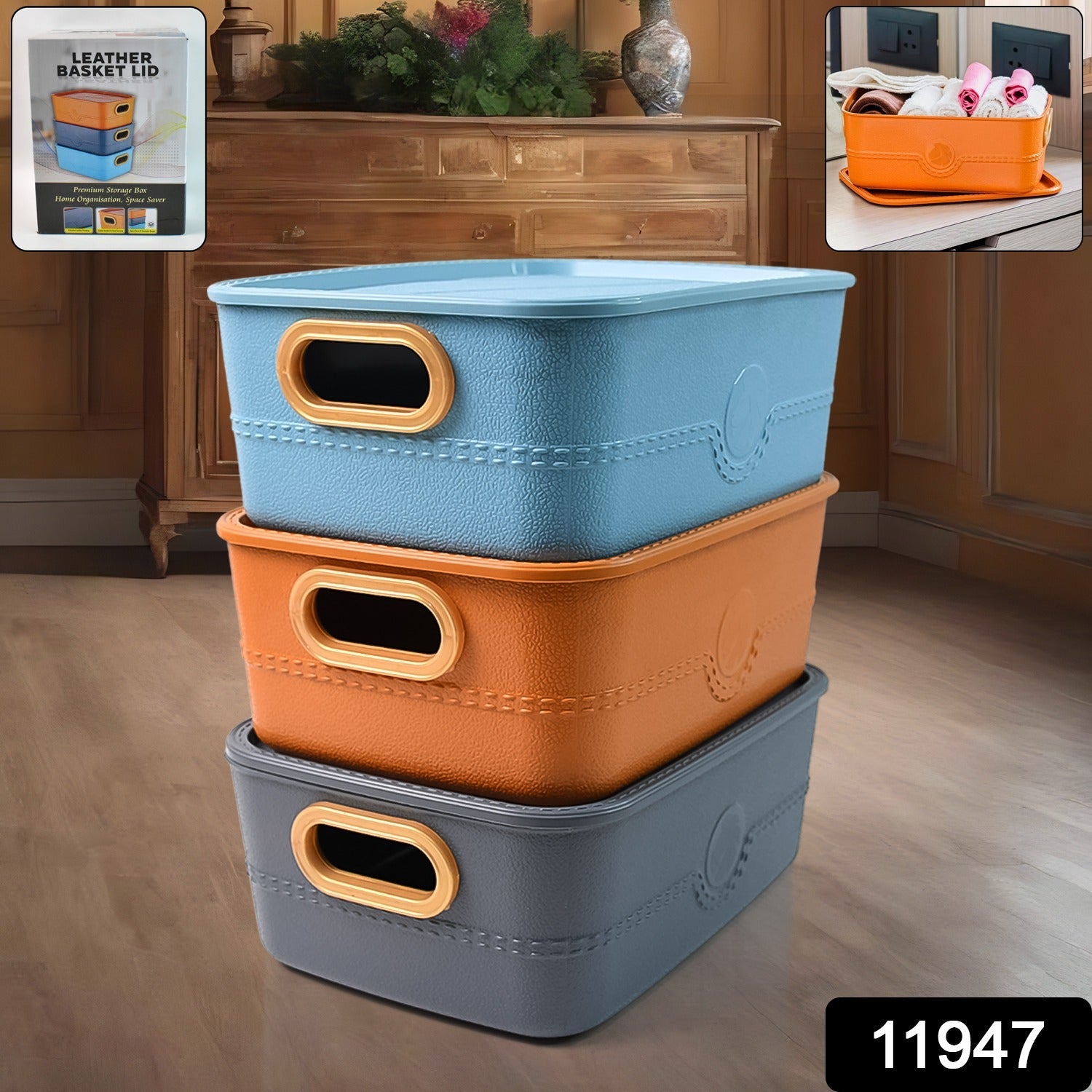 Stacked multipurpose plastic storage baskets organized in home
