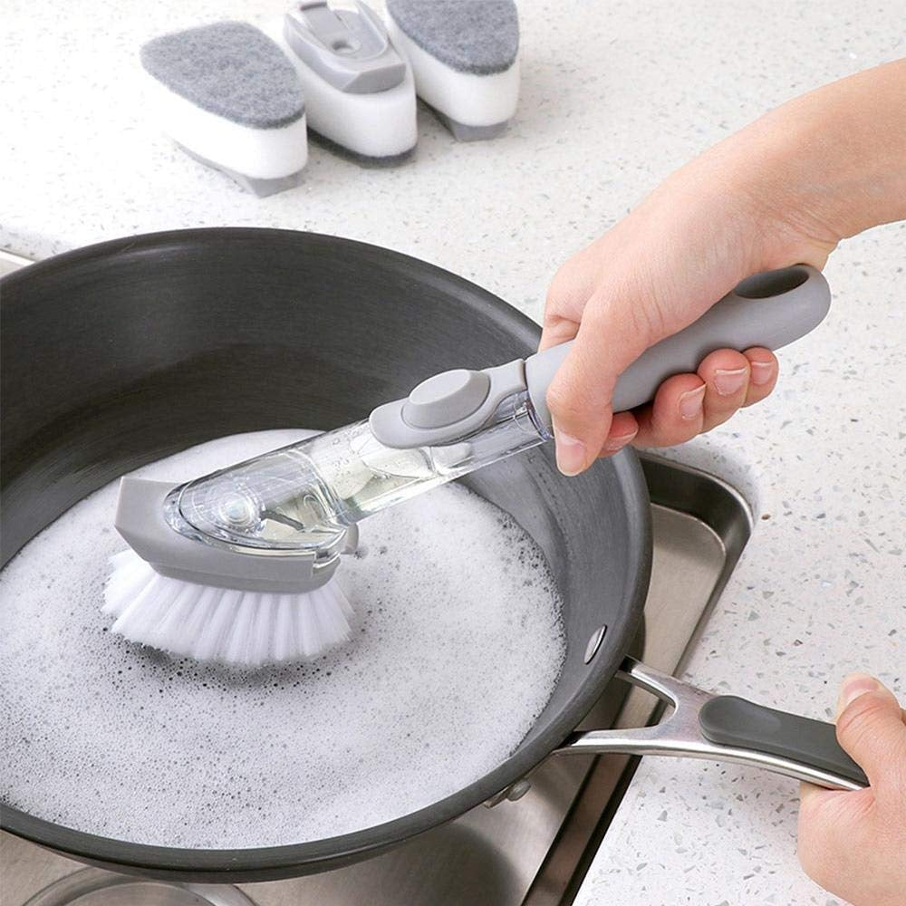 Scrubber brush with integrated soap dispenser and comfortable non-slip handle.