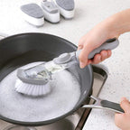 Scrubber brush with integrated soap dispenser and comfortable non-slip handle.