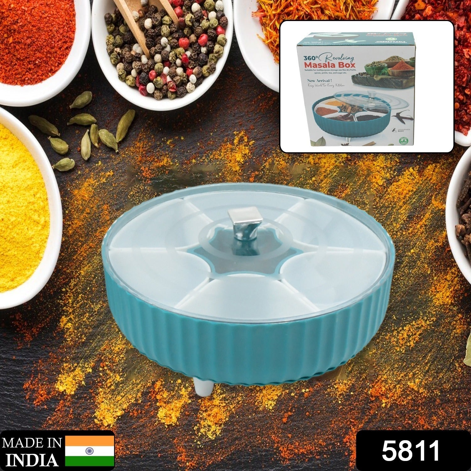 Airtight dry fruit organizer displaying its smooth 360-degree rotating base.