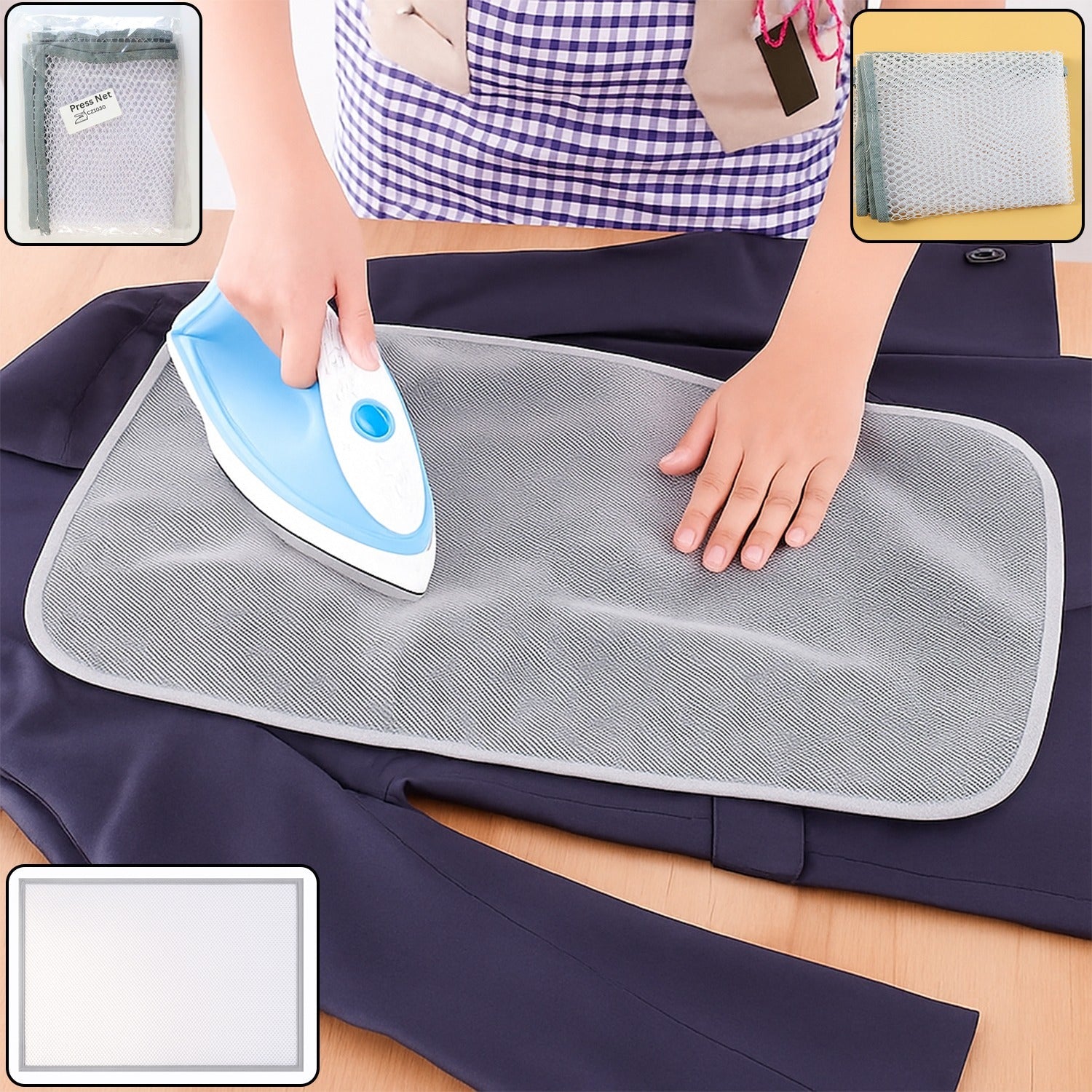 Heat-resistant ironing mesh press cloth lying on a garment to protect fabric during ironing