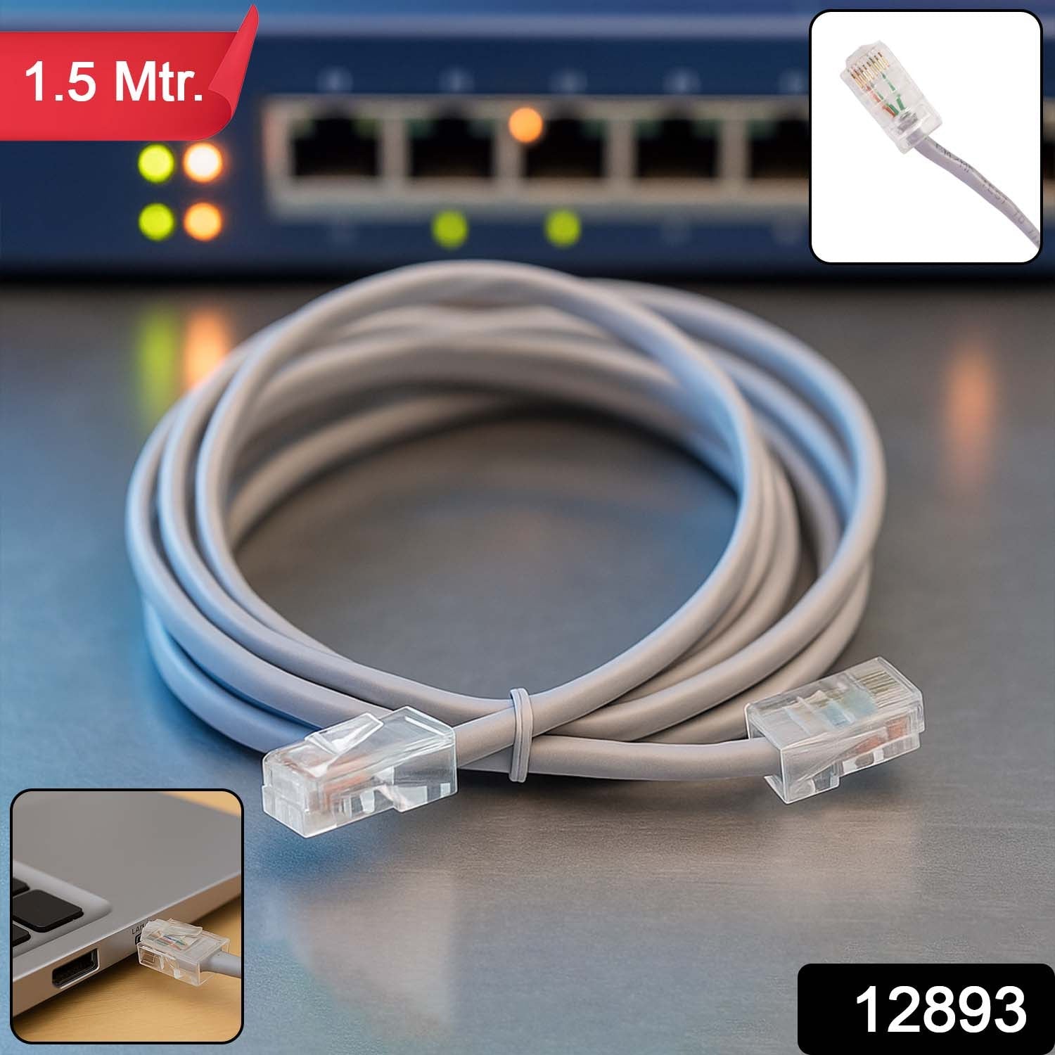 Close-up view of RJ45 connector on Ethernet Cable 1.5m showing durable design