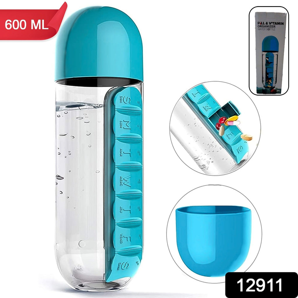 Close-up view of the open daily pill organizer compartments on the water bottle.